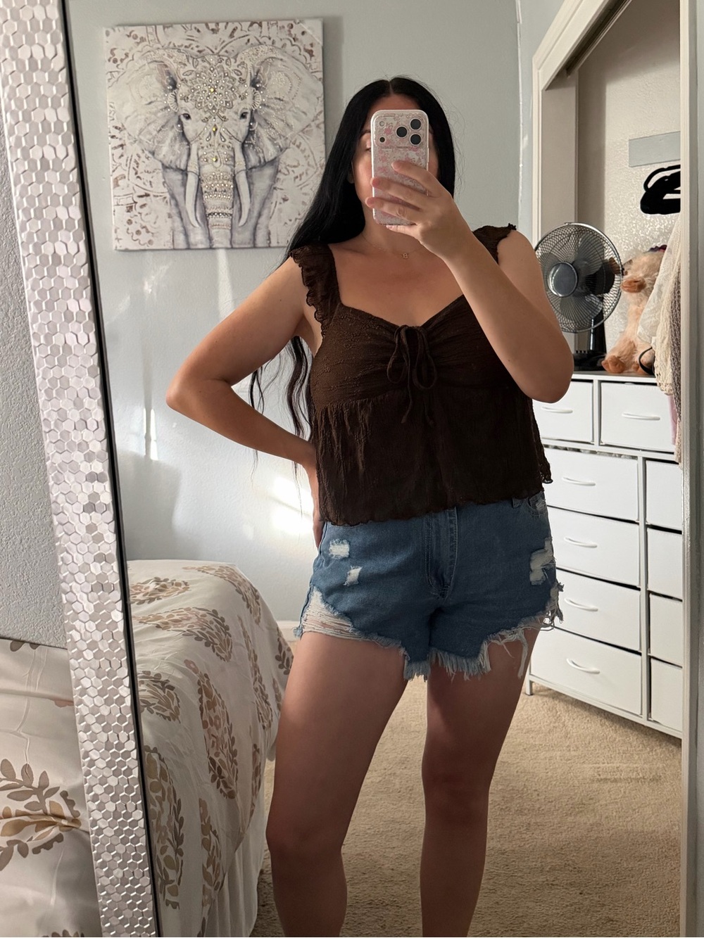Coffee Brown Ruffle Strap Lace Flutter Sleeves Tie-Front Tank Top L Large
